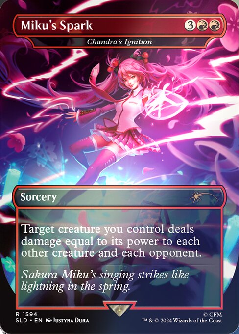 Target creature you control deals damage equal to its power to each other creature and each opponent.
