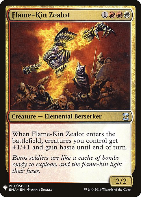 When Flame-Kin Zealot enters the battlefield, creatures you control get +1/+1 and gain haste until end of turn.