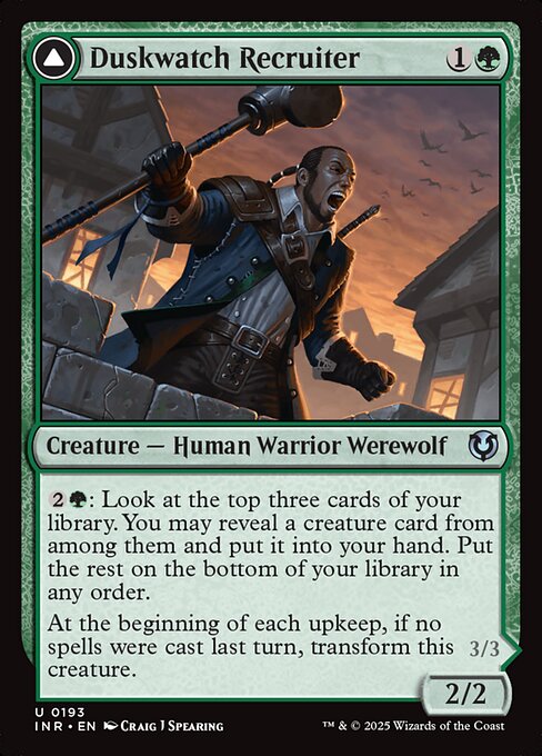 {2}{G}: Look at the top three cards of your library. You may reveal a creature card from among them and put it into your hand. Put the rest on the bottom of your library in any order.
At the beginning of each upkeep, if no spells were cast last turn, transform this creature.   Creature spells you cast cost 1 less to cast. At the beginning of each upkeep, if a player cast two or more spells last turn, transform this creature.