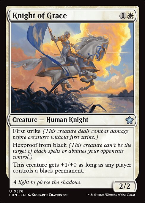 First strike (This creature deals combat damage before creatures without first strike.)
Hexproof from black (This creature can't be the target of black spells or abilities your opponents control.)
This creature gets +1/+0 as long as any player controls a black permanent.