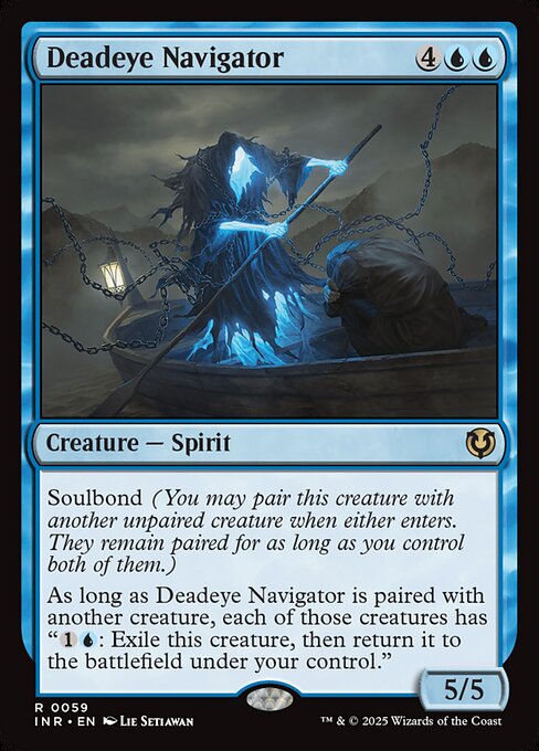 Soulbond (You may pair this creature with another unpaired creature when either enters. They remain paired for as long as you control both of them.)
As long as Deadeye Navigator is paired with another creature, each of those creatures has {1}{U}: Exile this creature, then return it to the battlefield under your control.