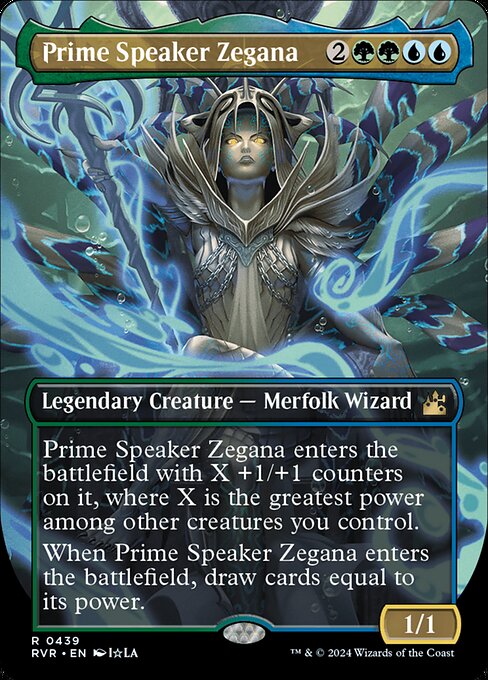 Prime Speaker Zegana enters with X +1/+1 counters on it, where X is the greatest power among other creatures you control.
When Prime Speaker Zegana enters, draw cards equal to its power.