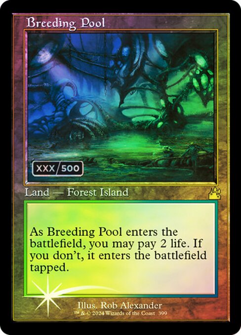 ({T}: Add {G} or {U}.)
As Breeding Pool enters the battlefield, you may pay 2 life. If you don't, it enters the battlefield tapped.