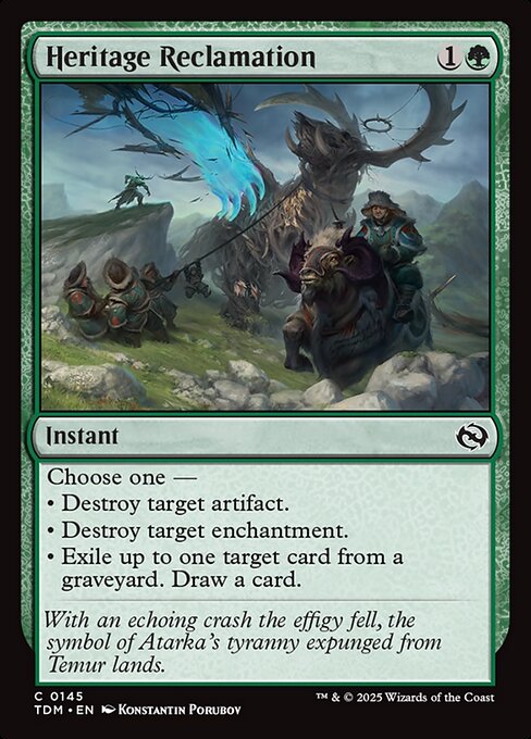 Choose one —
• Destroy target artifact.
• Destroy target enchantment.
• Exile up to one target card from a graveyard. Draw a card.