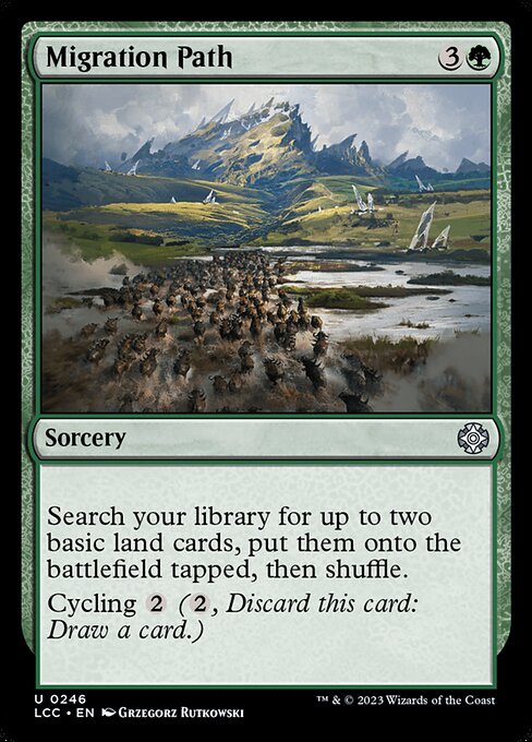 Search your library for up to two basic land cards, put them onto the battlefield tapped, then shuffle.
Cycling {2} ({2}, Discard this card: Draw a card.)