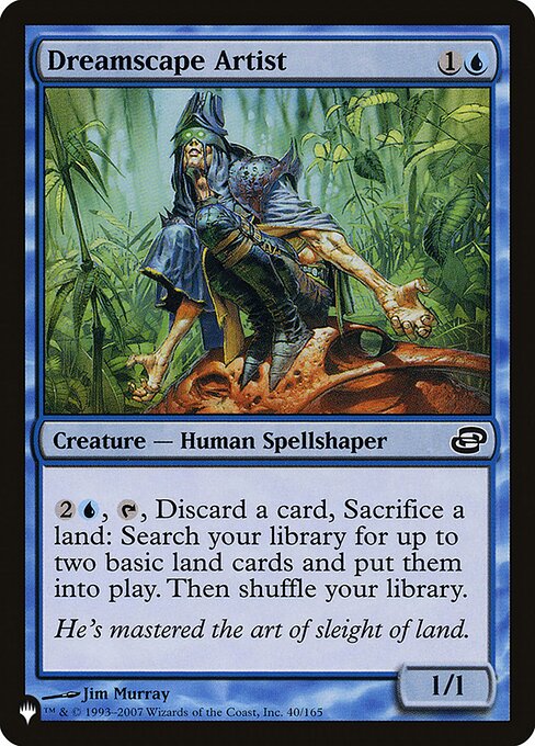 {2}{U}, {T}, Discard a card, Sacrifice a land: Search your library for up to two basic land cards, put them onto the battlefield, then shuffle.