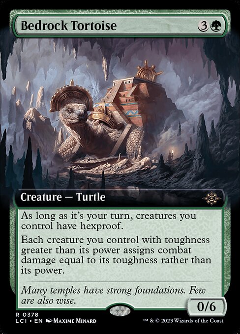 As long as it's your turn, creatures you control have hexproof.
Each creature you control with toughness greater than its power assigns combat damage equal to its toughness rather than its power.