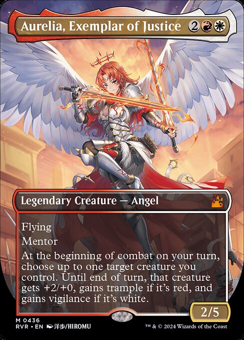 Flying
Mentor (Whenever this creature attacks, put a +1/+1 counter on target attacking creature with lesser power.)
At the beginning of combat on your turn, choose up to one target creature you control. Until end of turn, that creature gets +2/+0, gains trample if it's red, and gains vigilance if it's white.