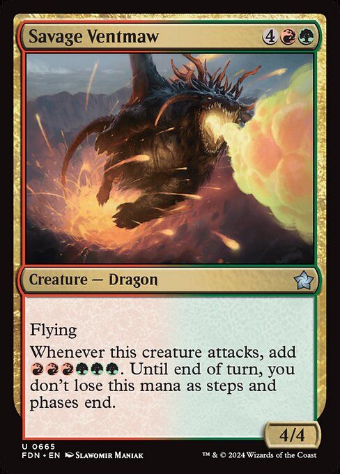 Flying
Whenever this creature attacks, add {R}{R}{R}{G}{G}{G}. Until end of turn, you don't lose this mana as steps and phases end.