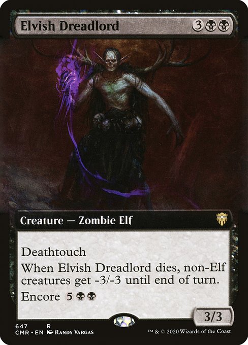 Deathtouch
When Elvish Dreadlord dies, non-Elf creatures get -3/-3 until end of turn.
Encore {5}{B}{B} ({5}{B}{B}, Exile this card from your graveyard: For each opponent, create a token copy that attacks that opponent this turn if able. They gain haste. Sacrifice them at the beginning of the next end step. Activate only as a sorcery.)