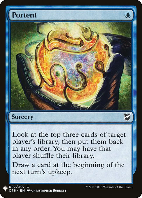 Look at the top three cards of target player's library, then put them back in any order. You may have that player shuffle.
Draw a card at the beginning of the next turn's upkeep.