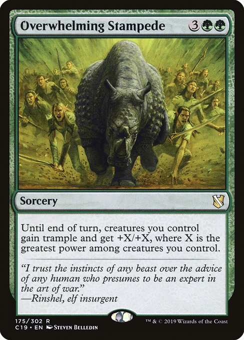 Until end of turn, creatures you control gain trample and get +X/+X, where X is the greatest power among creatures you control.