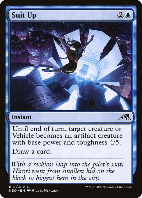Until end of turn, target creature or Vehicle becomes an artifact creature with base power and toughness 4/5.
Draw a card.