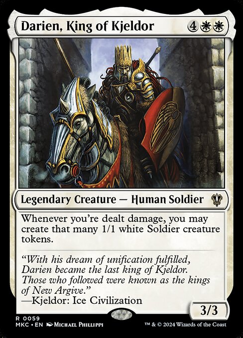 Whenever you're dealt damage, you may create that many 1/1 white Soldier creature tokens.