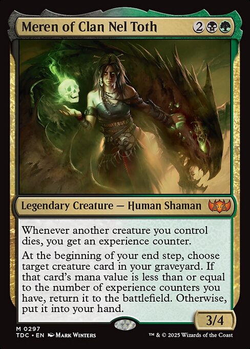 Whenever another creature you control dies, you get an experience counter.
At the beginning of your end step, choose target creature card in your graveyard. If that card's mana value is less than or equal to the number of experience counters you have, return it to the battlefield. Otherwise, put it into your hand.