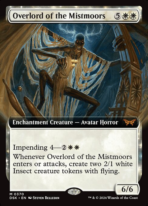 Impending 4—{2}{W}{W} (If you cast this spell for its impending cost, it enters with four time counters and isn't a creature until the last is removed. At the beginning of your end step, remove a time counter from it.)
Whenever Overlord of the Mistmoors enters or attacks, create two 2/1 white Insect creature tokens with flying.
