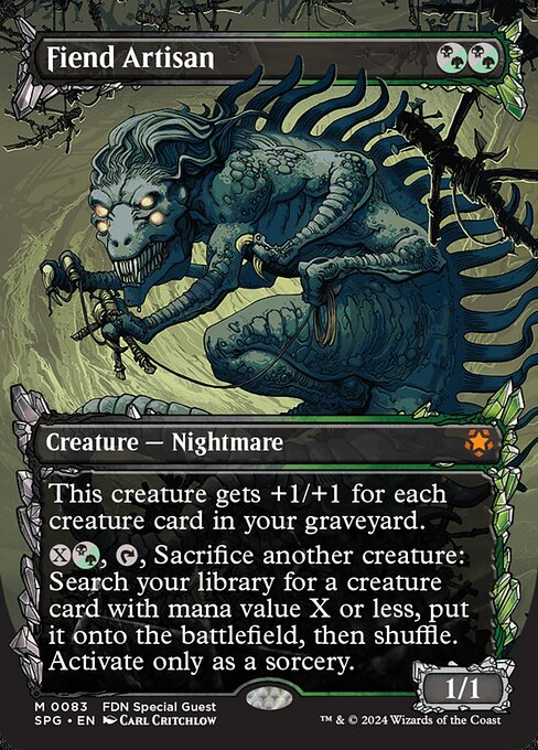This creature gets +1/+1 for each creature card in your graveyard.
{X}{B/G}, {T}, Sacrifice another creature: Search your library for a creature card with mana value X or less, put it onto the battlefield, then shuffle. Activate only as a sorcery.