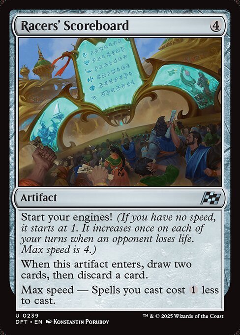 Start your engines! (If you have no speed, it starts at 1. It increases once on each of your turns when an opponent loses life. Max speed is 4.)
When this artifact enters, draw two cards, then discard a card.
Max speed — Spells you cast cost {1} less to cast.