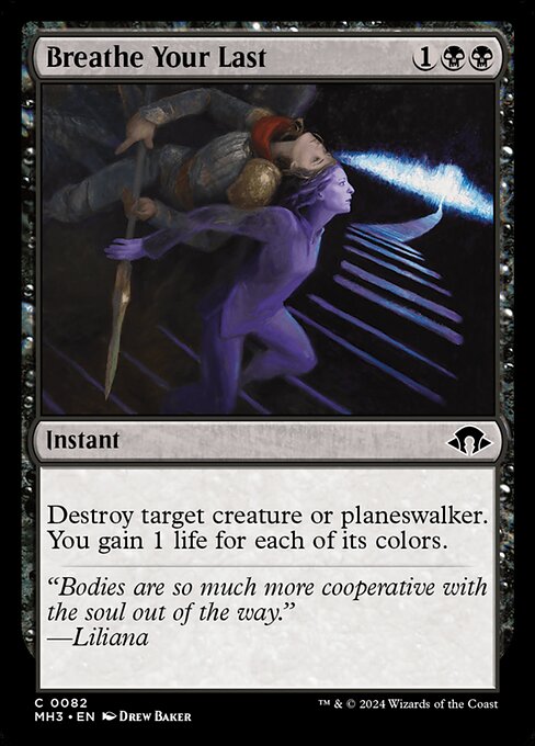 Destroy target creature or planeswalker. You gain 1 life for each of its colors.