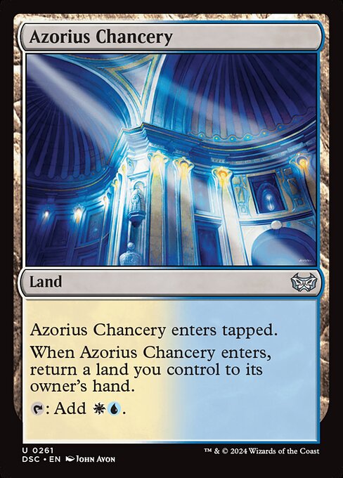 Azorius Chancery enters tapped.
When Azorius Chancery enters, return a land you control to its owner's hand.
{T}: Add {W}{U}.