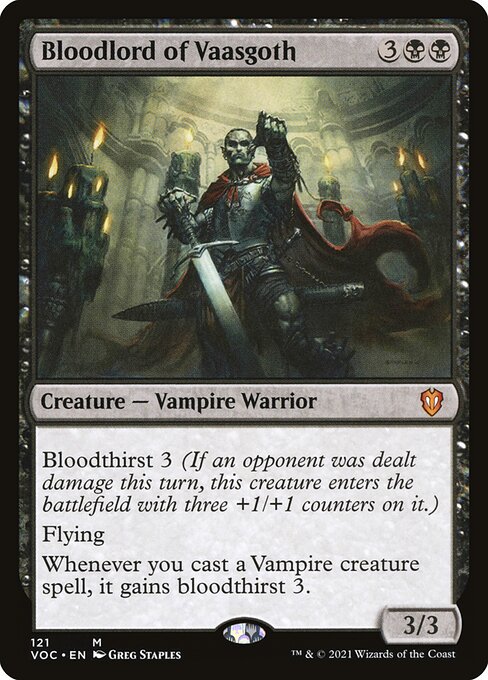 Bloodthirst 3 (If an opponent was dealt damage this turn, this creature enters the battlefield with three +1/+1 counters on it.)
Flying
Whenever you cast a Vampire creature spell, it gains bloodthirst 3.