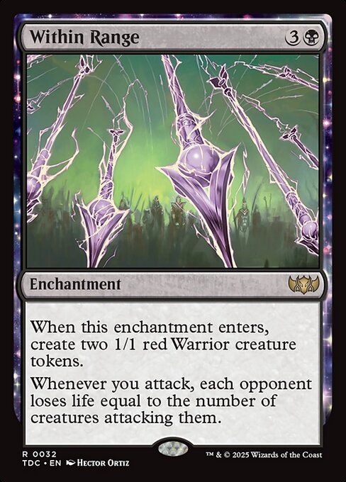 When this enchantment enters, create two 1/1 red Warrior creature tokens.
Whenever you attack, each opponent loses life equal to the number of creatures attacking them.