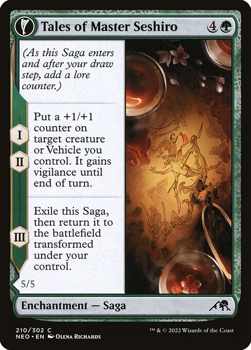 (As this Saga enters and after your draw step, add a lore counter.)
I, II — Put a +1/+1 counter on target creature or Vehicle you control. It gains vigilance until end of turn.
III — Exile this Saga, then return it to the battlefield transformed under your control.   Vigilance, haste