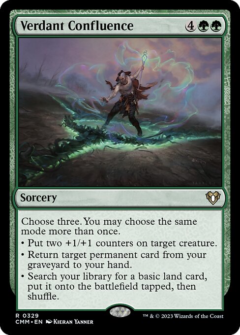 Choose three. You may choose the same mode more than once.
• Put two +1/+1 counters on target creature.
• Return target permanent card from your graveyard to your hand.
• Search your library for a basic land card, put it onto the battlefield tapped, then shuffle.