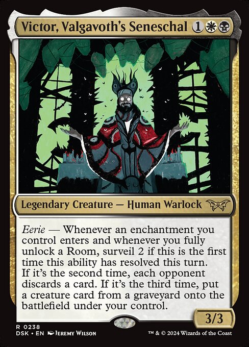 Eerie — Whenever an enchantment you control enters and whenever you fully unlock a Room, surveil 2 if this is the first time this ability has resolved this turn. If it's the second time, each opponent discards a card. If it's the third time, put a creature card from a graveyard onto the battlefield under your control.
