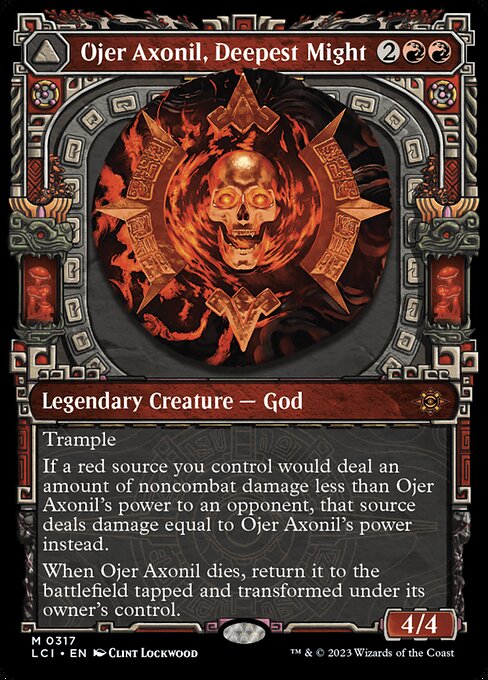 Trample
If a red source you control would deal an amount of noncombat damage less than Ojer Axonil's power to an opponent, that source deals damage equal to Ojer Axonil's power instead.
When Ojer Axonil dies, return it to the battlefield tapped and transformed under its owner's control.   (Transforms from Ojer Axonil, Deepest Might.)
{T}: Add {R}.
{2}{R}, {T}: Transform Temple of Power. Activate only if red sources you controlled dealt 4 or more noncombat damage this turn and only as a sorcery.