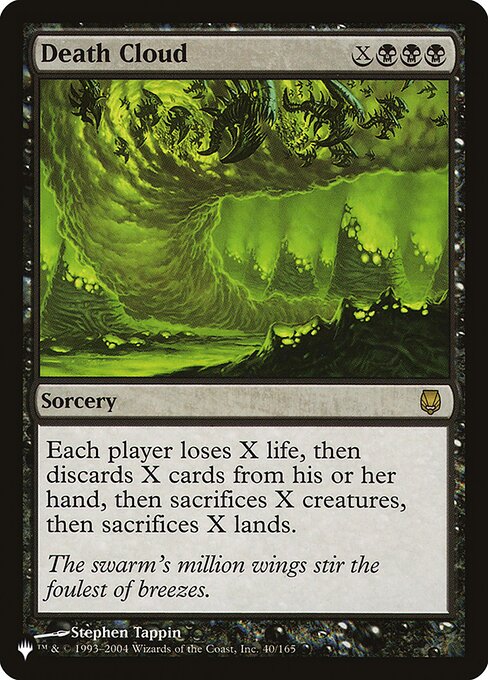 Each player loses X life, discards X cards, sacrifices X creatures, then sacrifices X lands.