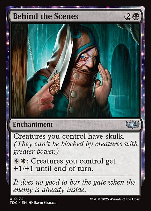 Creatures you control have skulk. (They can't be blocked by creatures with greater power.)
{4}{W}: Creatures you control get +1/+1 until end of turn.