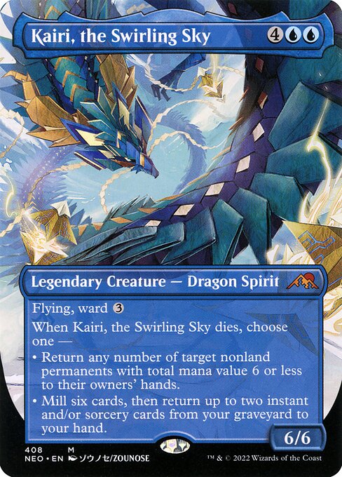 Flying, ward {3}
When Kairi, the Swirling Sky dies, choose one —
• Return any number of target nonland permanents with total mana value 6 or less to their owners' hands.
• Mill six cards, then return up to two instant and/or sorcery cards from your graveyard to your hand.