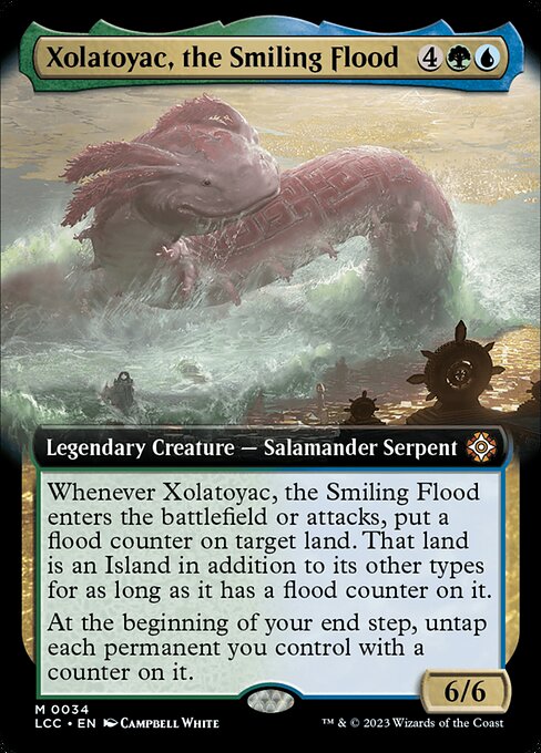 Whenever Xolatoyac enters or attacks, put a flood counter on target land. That land is an Island in addition to its other types for as long as it has a flood counter on it.
At the beginning of your end step, untap each permanent you control with a counter on it.