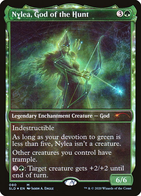 Indestructible
As long as your devotion to green is less than five, Nylea isn't a creature. (Each {G} in the mana costs of permanents you control counts toward your devotion to green.)
Other creatures you control have trample.
{3}{G}: Target creature gets +2/+2 until end of turn.