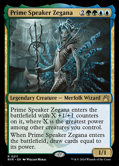 Prime Speaker Zegana enters the battlefield with X +1/+1 counters on it, where X is the greatest power among other creatures you control.
When Prime Speaker Zegana enters the battlefield, draw cards equal to its power.