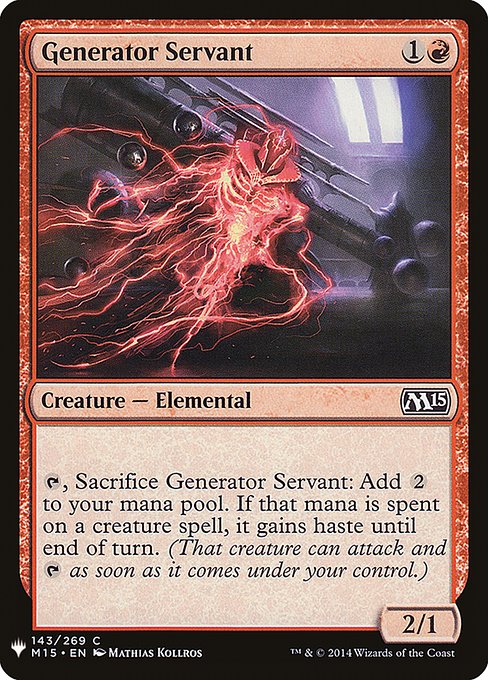 {T}, Sacrifice Generator Servant: Add {C}{C}. If that mana is spent on a creature spell, it gains haste until end of turn. (That creature can attack and {T} as soon as it comes under your control.)