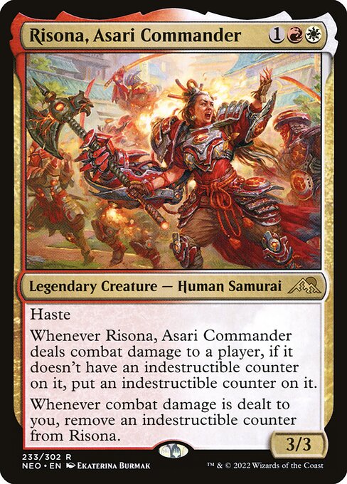 Haste
Whenever Risona, Asari Commander deals combat damage to a player, if it doesn't have an indestructible counter on it, put an indestructible counter on it.
Whenever combat damage is dealt to you, remove an indestructible counter from Risona.