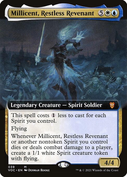 This spell costs {1} less to cast for each Spirit you control.
Flying
Whenever Millicent, Restless Revenant or another nontoken Spirit you control dies or deals combat damage to a player, create a 1/1 white Spirit creature token with flying.