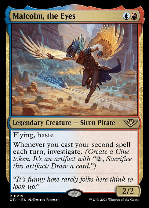 Flying, haste
Whenever you cast your second spell each turn, investigate. (Create a Clue token. It's an artifact with "{2}, Sacrifice this artifact: Draw a card.")