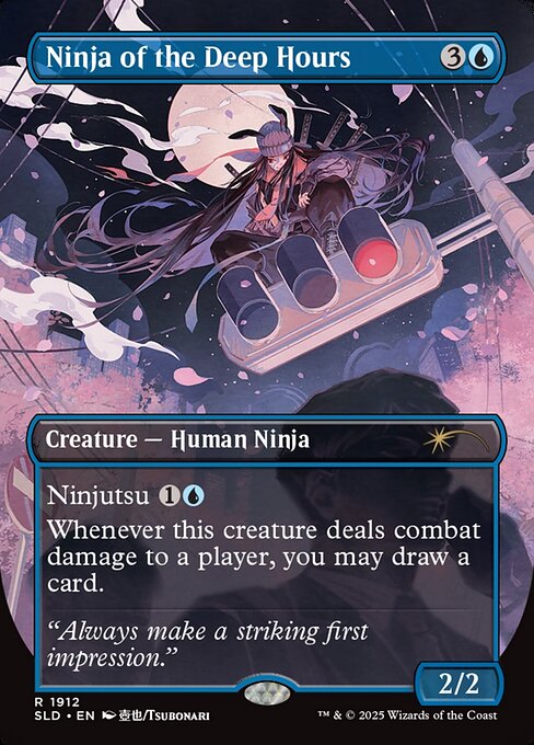 Ninjutsu {1}{U} ({1}{U}, Return an unblocked attacker you control to hand: Put this card onto the battlefield from your hand tapped and attacking.)
Whenever this creature deals combat damage to a player, you may draw a card.