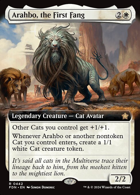 Other Cats you control get +1/+1.
Whenever Arahbo or another nontoken Cat you control enters, create a 1/1 white Cat creature token.