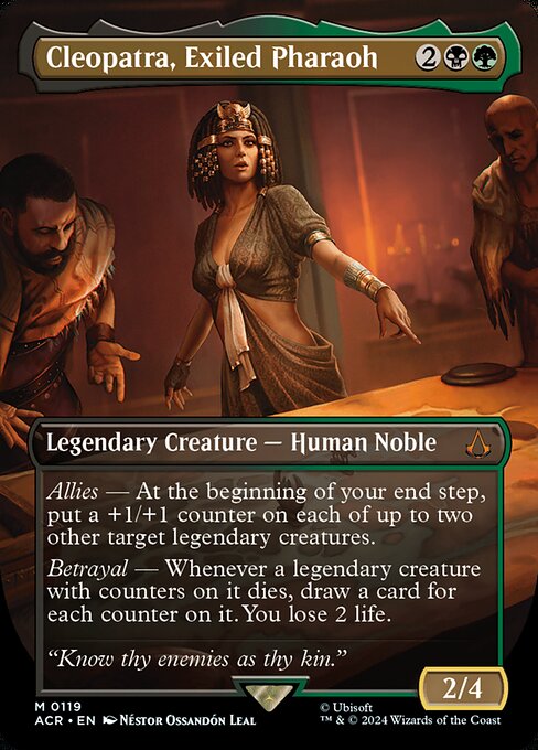 Allies — At the beginning of your end step, put a +1/+1 counter on each of up to two other target legendary creatures.
Betrayal — Whenever a legendary creature with counters on it dies, draw a card for each counter on it. You lose 2 life.