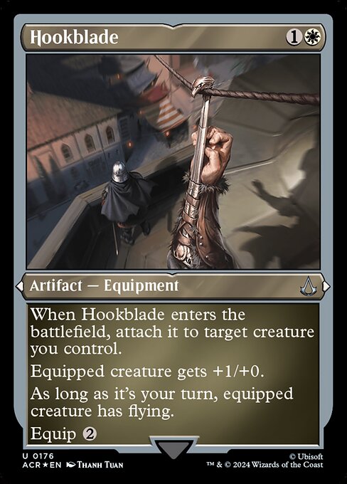When Hookblade enters the battlefield, attach it to target creature you control.
Equipped creature gets +1/+0.
As long as it's your turn, equipped creature has flying.
Equip {2} ({2}: Attach to target creature you control. Equip only as a sorcery.)