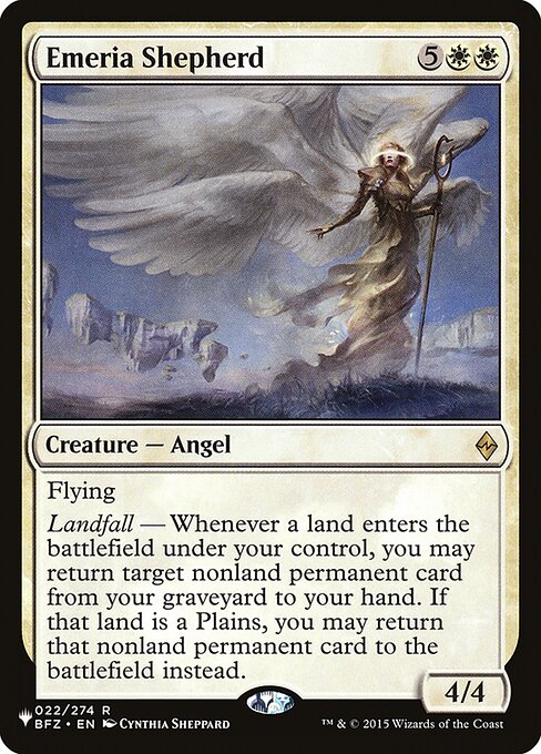 Flying
Landfall — Whenever a land enters the battlefield under your control, you may return target nonland permanent card from your graveyard to your hand. If that land is a Plains, you may return that nonland permanent card to the battlefield instead.