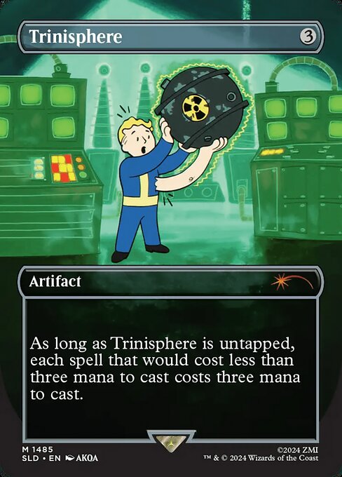 As long as Trinisphere is untapped, each spell that would cost less than three mana to cast costs three mana to cast. (Additional mana in the cost may be paid with any color of mana or colorless mana. For example, a spell that would cost {1}{B} to cast costs {2}{B} to cast instead.)