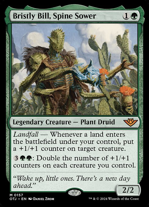 Landfall — Whenever a land enters the battlefield under your control, put a +1/+1 counter on target creature.
{3}{G}{G}: Double the number of +1/+1 counters on each creature you control.