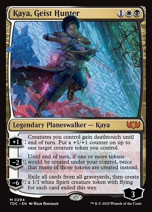 +1: Creatures you control gain deathtouch until end of turn. Put a +1/+1 counter on up to one target creature token you control.
−2: Until end of turn, if one or more tokens would be created under your control, twice that many of those tokens are created instead.
−6: Exile all cards from all graveyards, then create a 1/1 white Spirit creature token with flying for each card exiled this way.