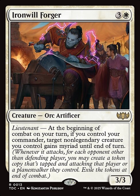 Lieutenant — At the beginning of combat on your turn, if you control your commander, target nonlegendary creature you control gains myriad until end of turn. (Whenever it attacks, for each opponent other than defending player, you may create a token copy that's tapped and attacking that player or a planeswalker they control. Exile the tokens at end of combat.)