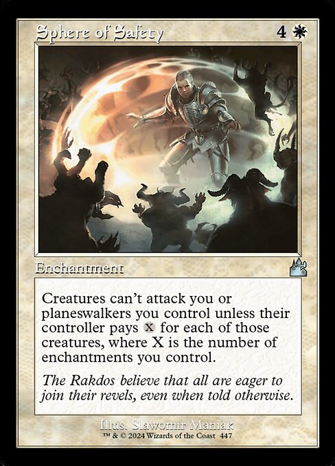 Creatures can't attack you or planeswalkers you control unless their controller pays {X} for each of those creatures, where X is the number of enchantments you control.